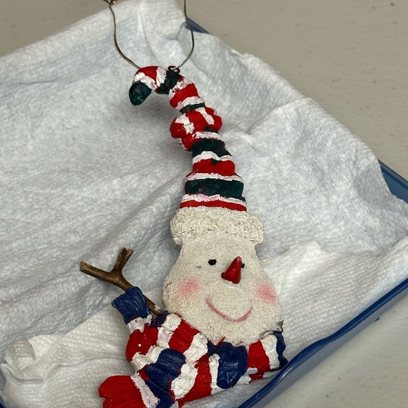 Vintage Blue and red stripes silly hat and scarf snowman face ornament - Picture 13 of 14